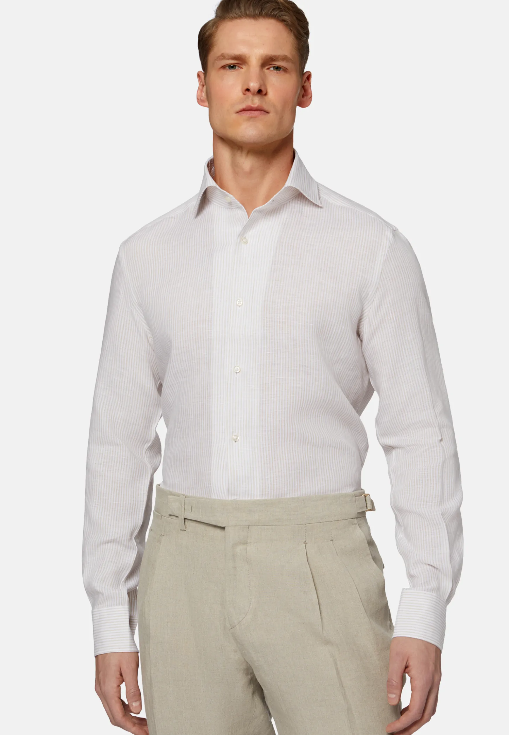 Beige Striped Regular Fit Linen Shirt|Boggi Milano Discount