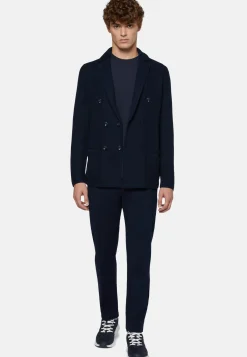 Navy Cotton Crepe Knit Double-Breasted Jacket|Boggi Milano Store