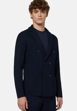 Navy Cotton Crepe Knit Double-Breasted Jacket|Boggi Milano Store