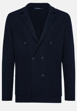 Navy Cotton Crepe Knit Double-Breasted Jacket|Boggi Milano Store