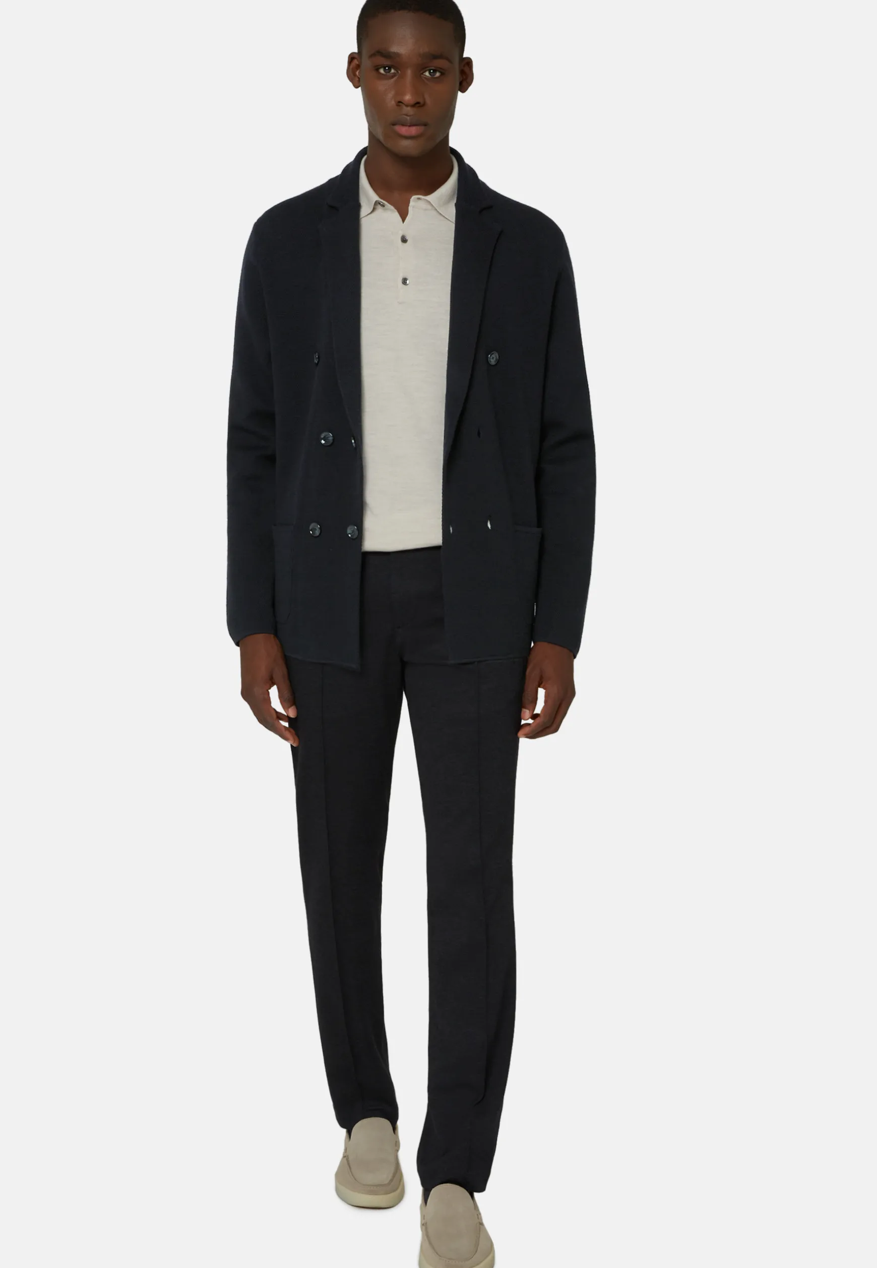 Navy Double-Breasted Knitted Merino Wool Jacket|Boggi Milano Shop