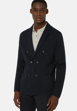Navy Double-Breasted Knitted Merino Wool Jacket|Boggi Milano Shop