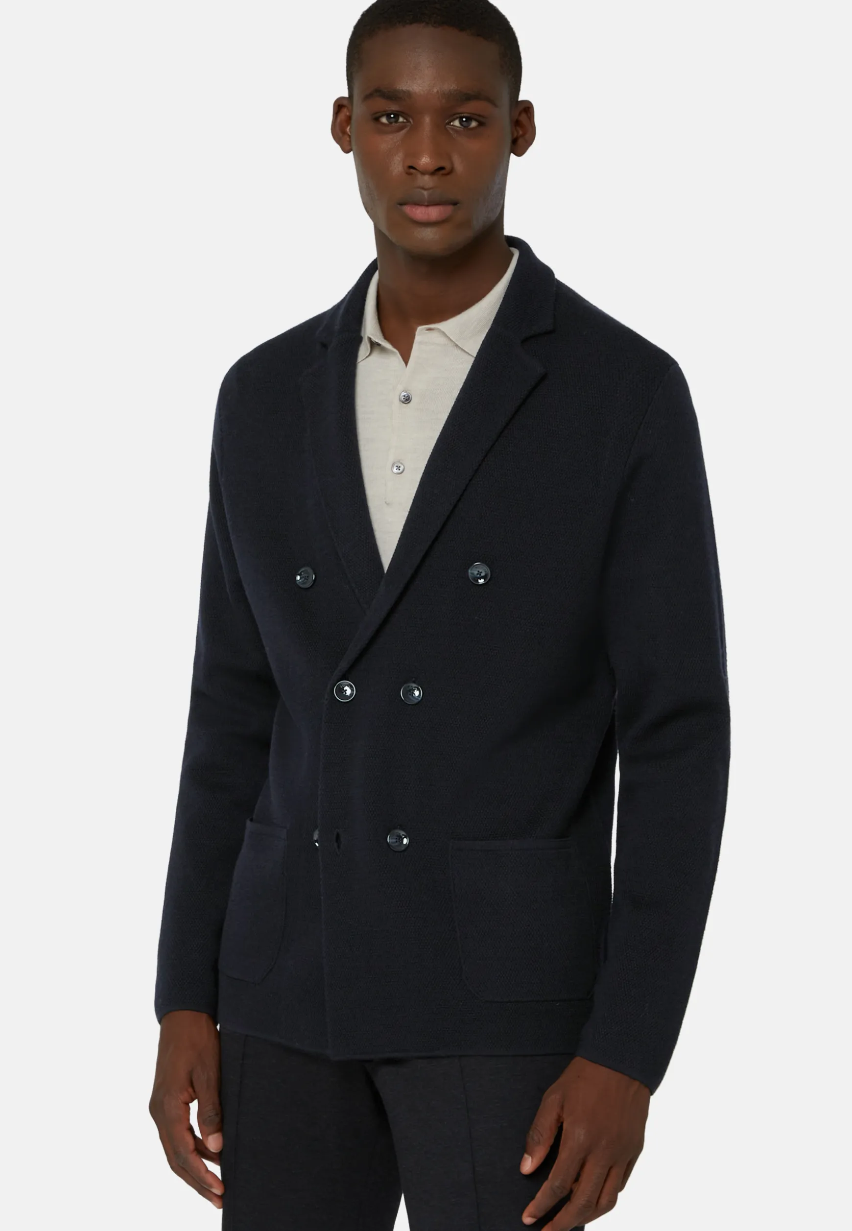 Navy Double-Breasted Knitted Merino Wool Jacket|Boggi Milano Shop