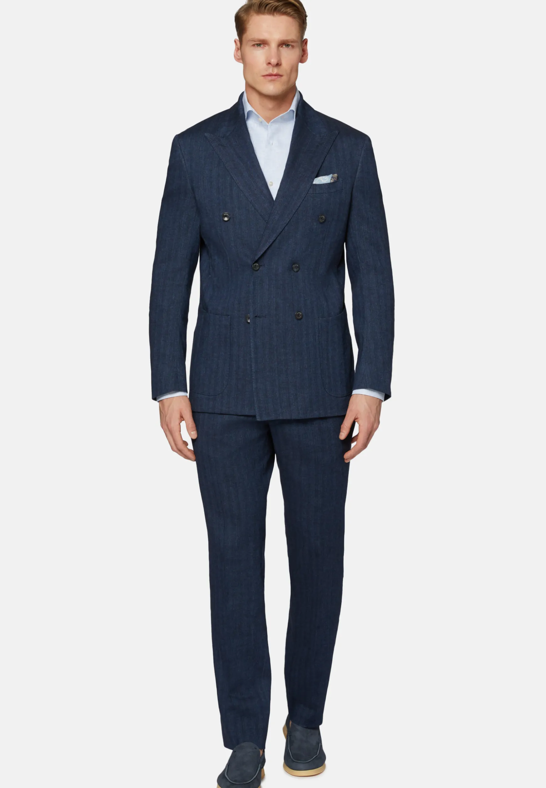 Navy Double-Breasted Suit In Cotton Linen|Boggi Milano Online