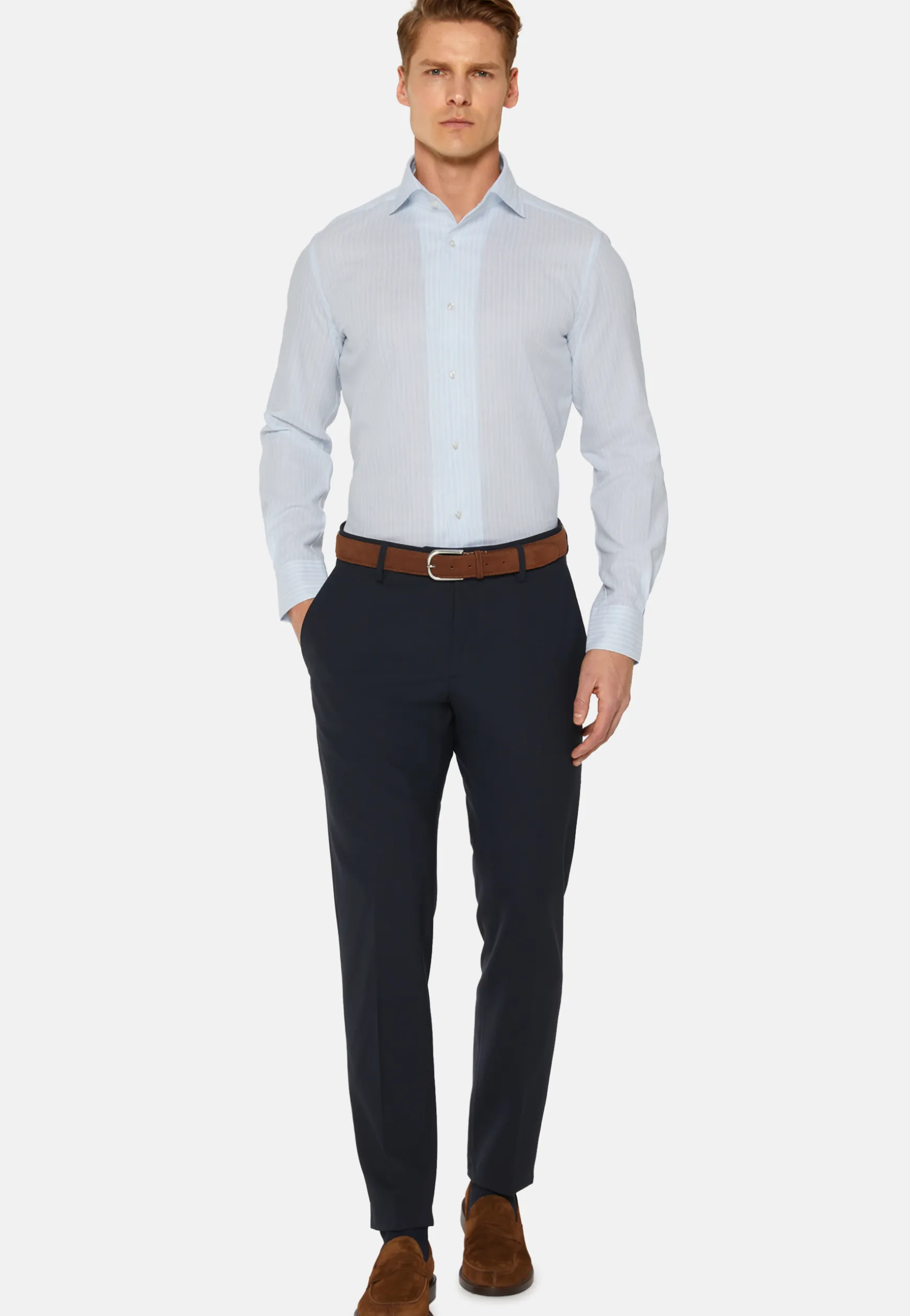 Regular Fit Sky Blue Striped Dobby Cotton Shirt|Boggi Milano Online