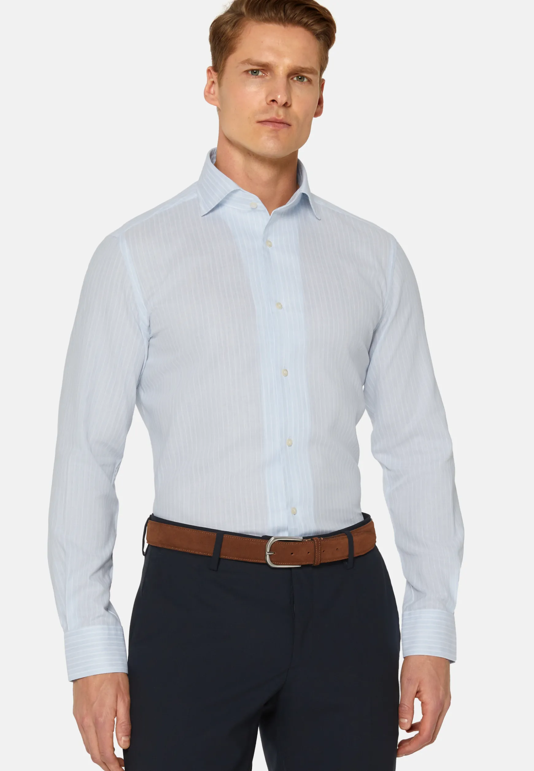 Regular Fit Sky Blue Striped Dobby Cotton Shirt|Boggi Milano Online