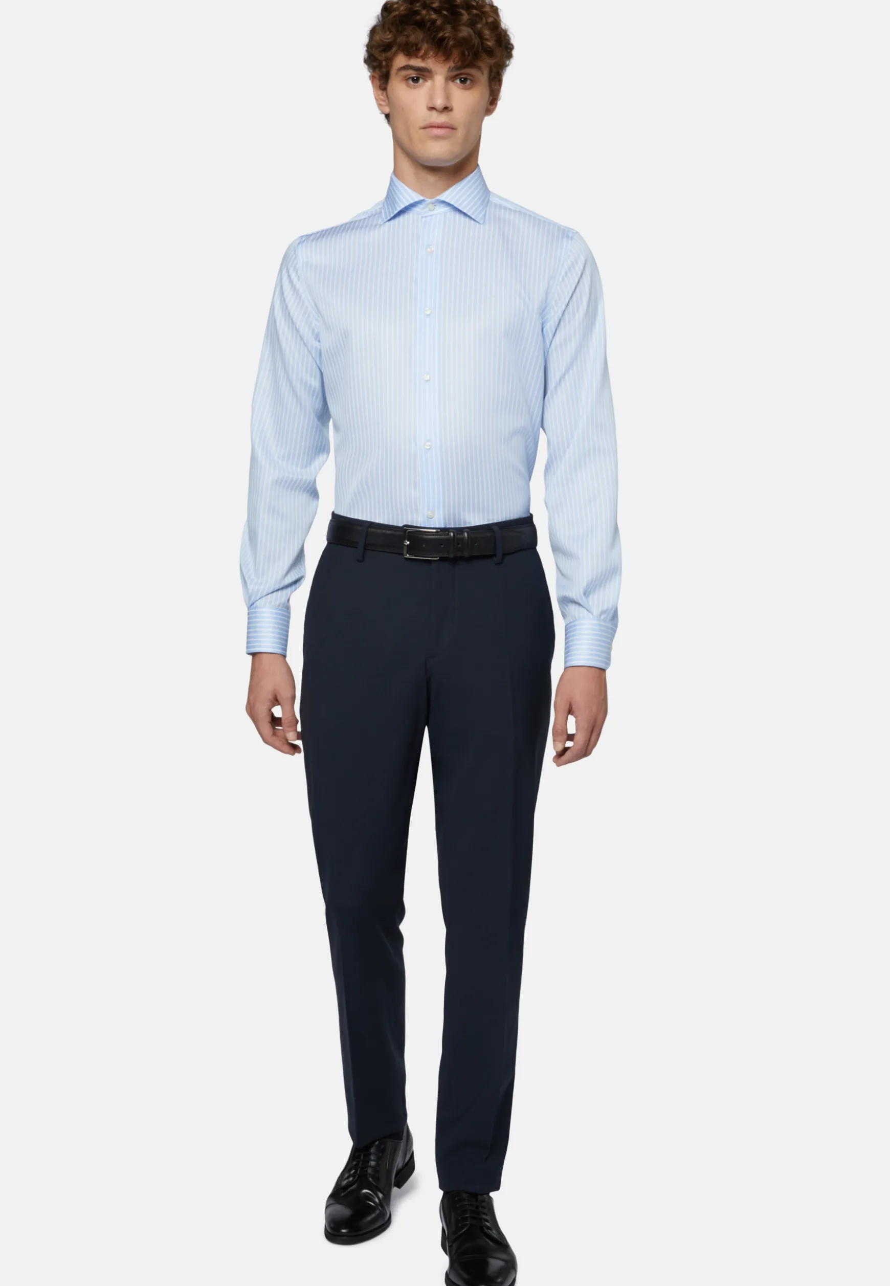 Regular Fit Sky Blue Striped Cotton Twill Shirt|Boggi Milano Store