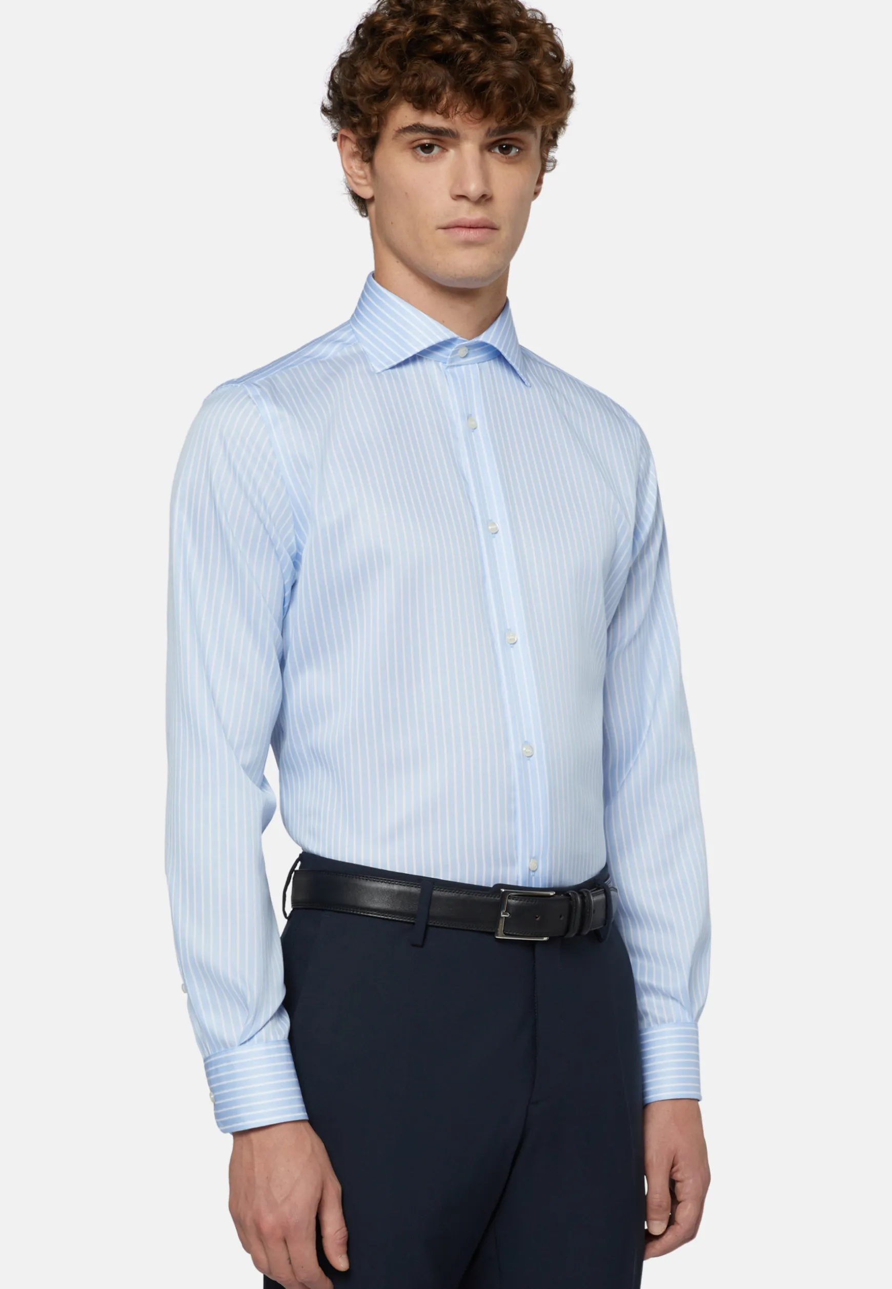 Regular Fit Sky Blue Striped Cotton Twill Shirt|Boggi Milano Store