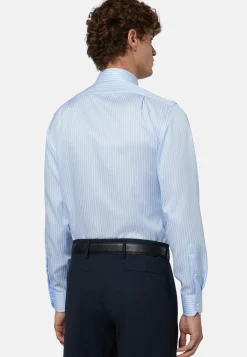 Regular Fit Sky Blue Striped Cotton Twill Shirt|Boggi Milano Store