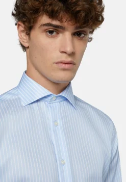 Regular Fit Sky Blue Striped Cotton Twill Shirt|Boggi Milano Store