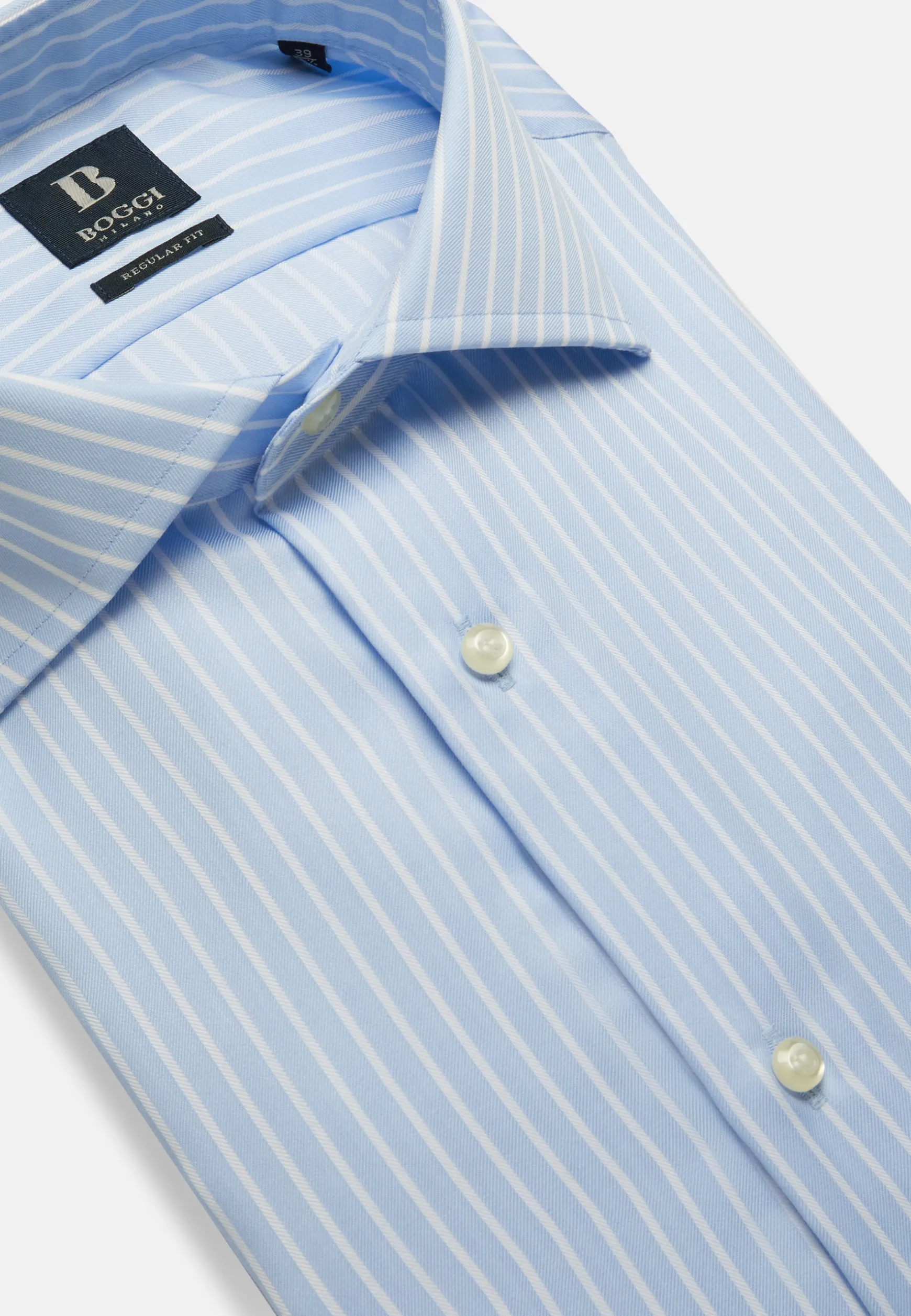 Regular Fit Sky Blue Striped Cotton Twill Shirt|Boggi Milano Store