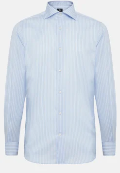 Regular Fit Sky Blue Striped Cotton Twill Shirt|Boggi Milano Store