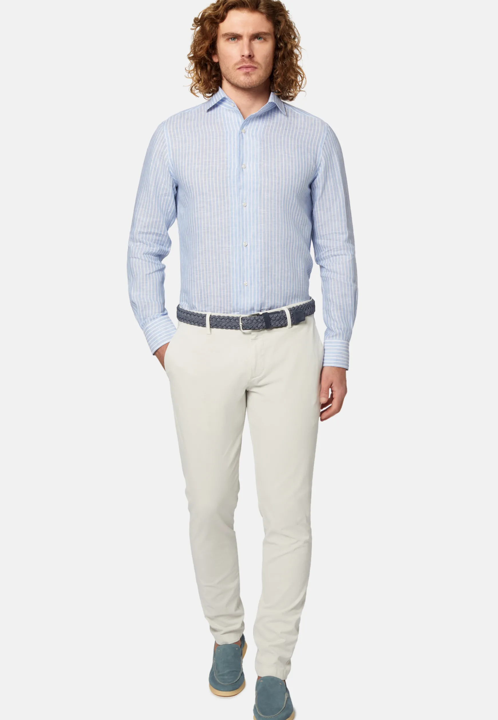 Regular Fit Sky Blue Striped Linen Shirt|Boggi Milano Sale
