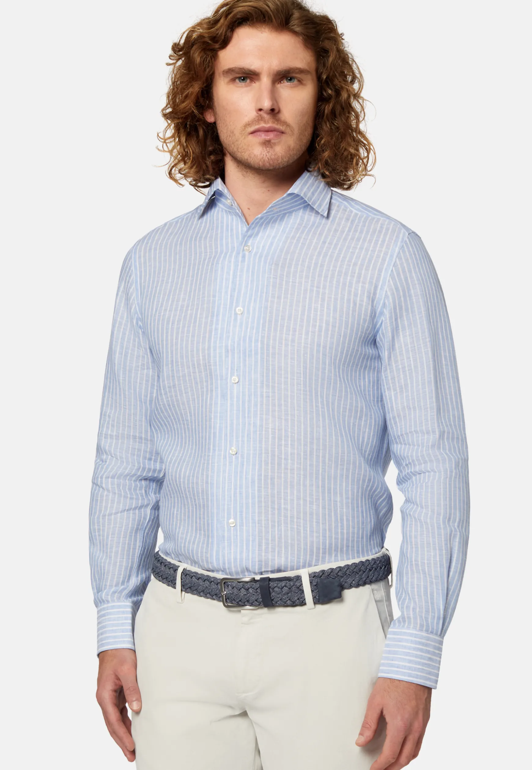 Regular Fit Sky Blue Striped Linen Shirt|Boggi Milano Sale