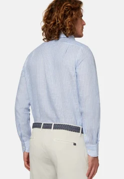Regular Fit Sky Blue Striped Linen Shirt|Boggi Milano Sale