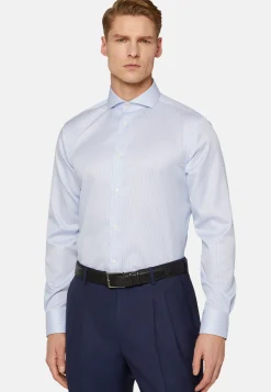 Regular Fit Sky Blue Striped Dobby Cotton Shirt|Boggi Milano Shop