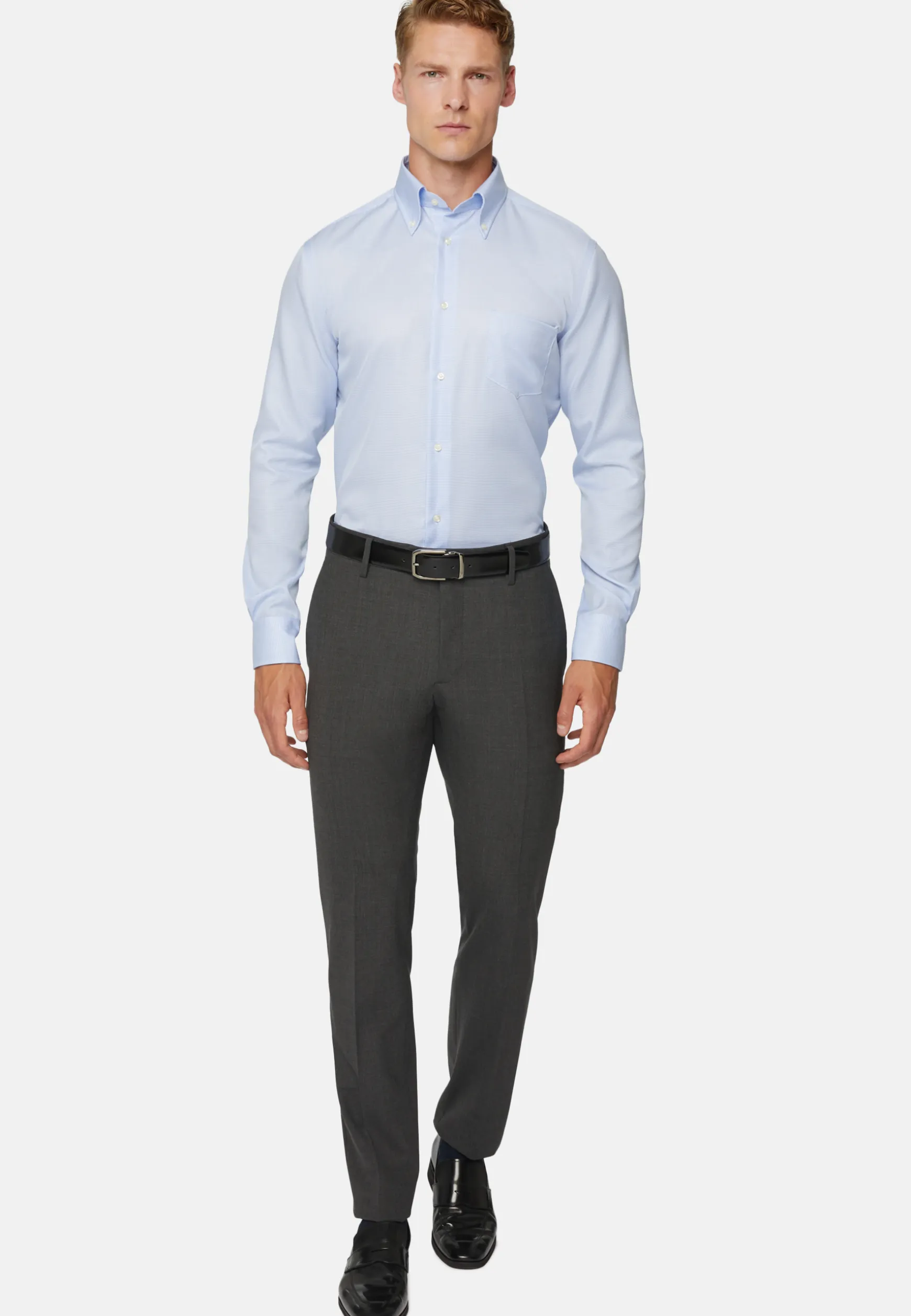 Sky Blue Houndstooth Cotton Shirt, Regular|Boggi Milano Clearance