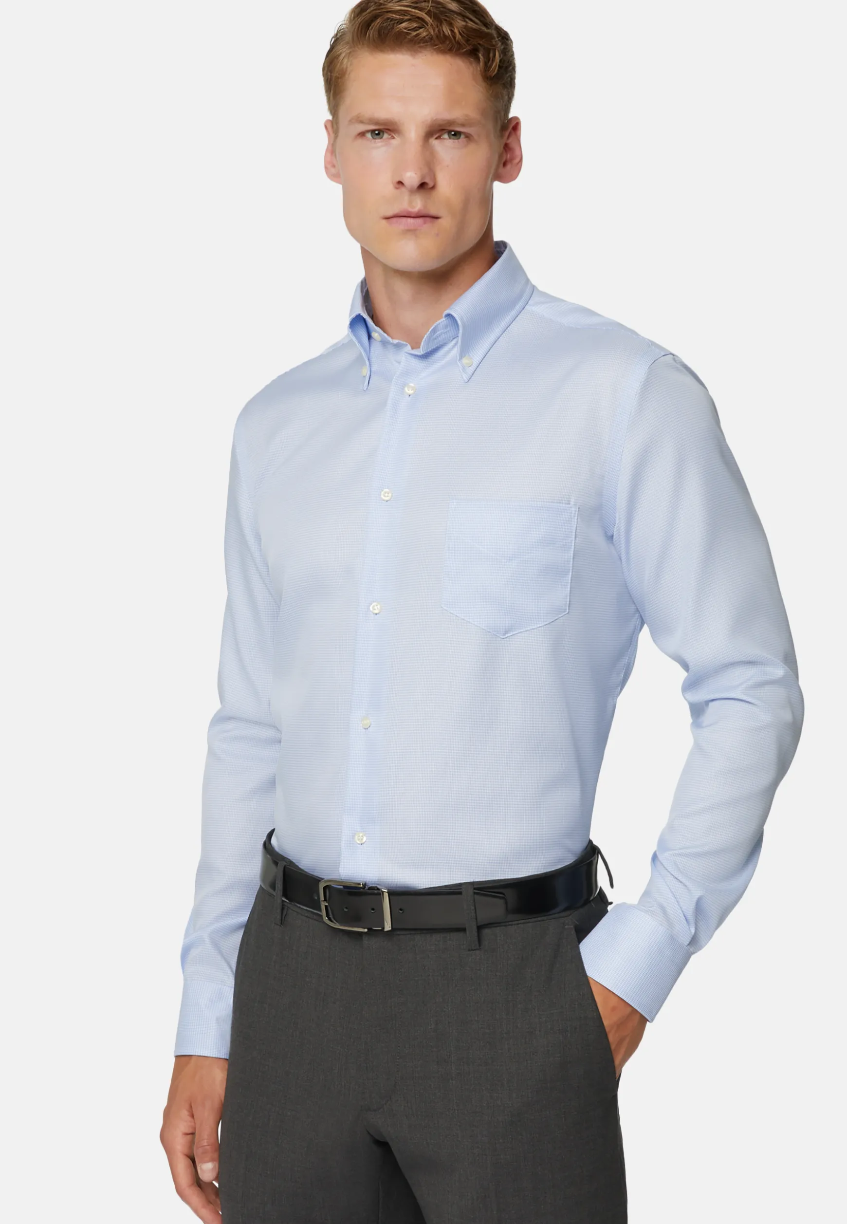 Sky Blue Houndstooth Cotton Shirt, Regular|Boggi Milano Clearance