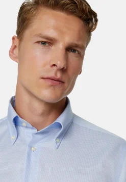 Sky Blue Houndstooth Cotton Shirt, Regular|Boggi Milano Clearance
