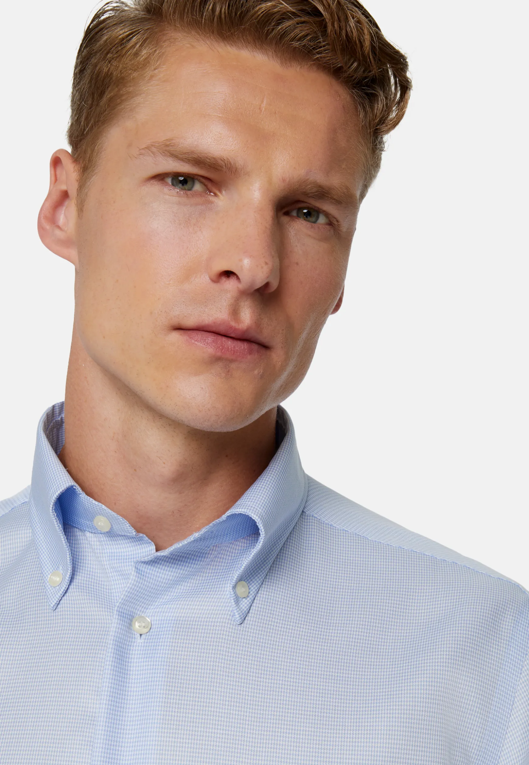 Sky Blue Houndstooth Cotton Shirt, Regular|Boggi Milano Clearance