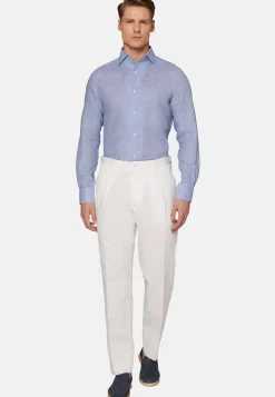 Sky Blue Houndstooth Linen Shirt, Regular|Boggi Milano Sale