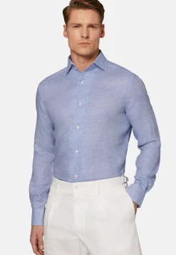 Sky Blue Houndstooth Linen Shirt, Regular|Boggi Milano Sale
