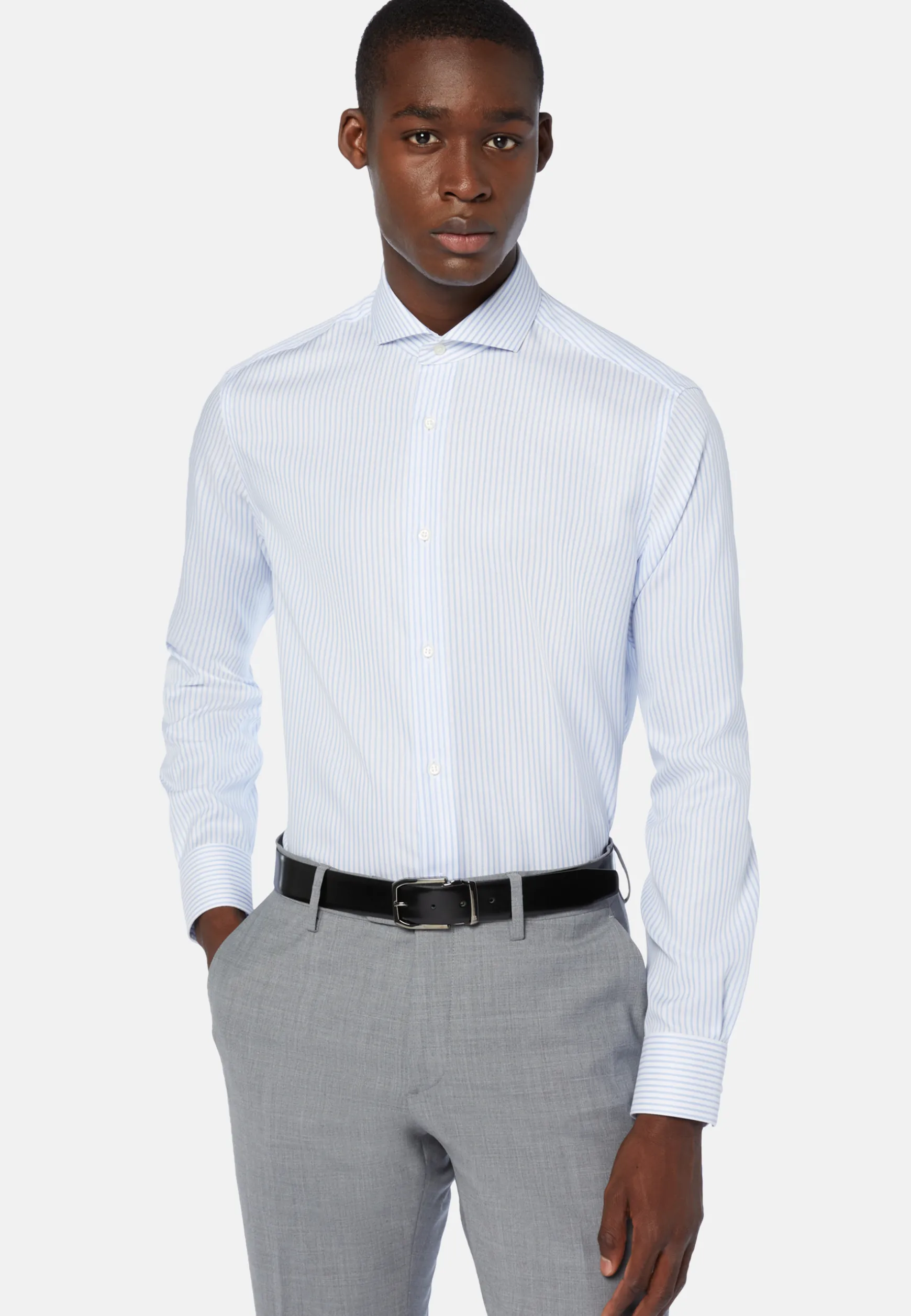Sky Blue Striped Cotton Shirt Slim Fit|Boggi Milano Hot