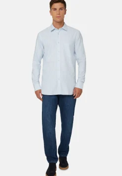 Sky Blue Striped Cotton Tencel Shirt Regular|Boggi Milano New