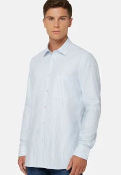Sky Blue Striped Cotton Tencel Shirt Regular|Boggi Milano New
