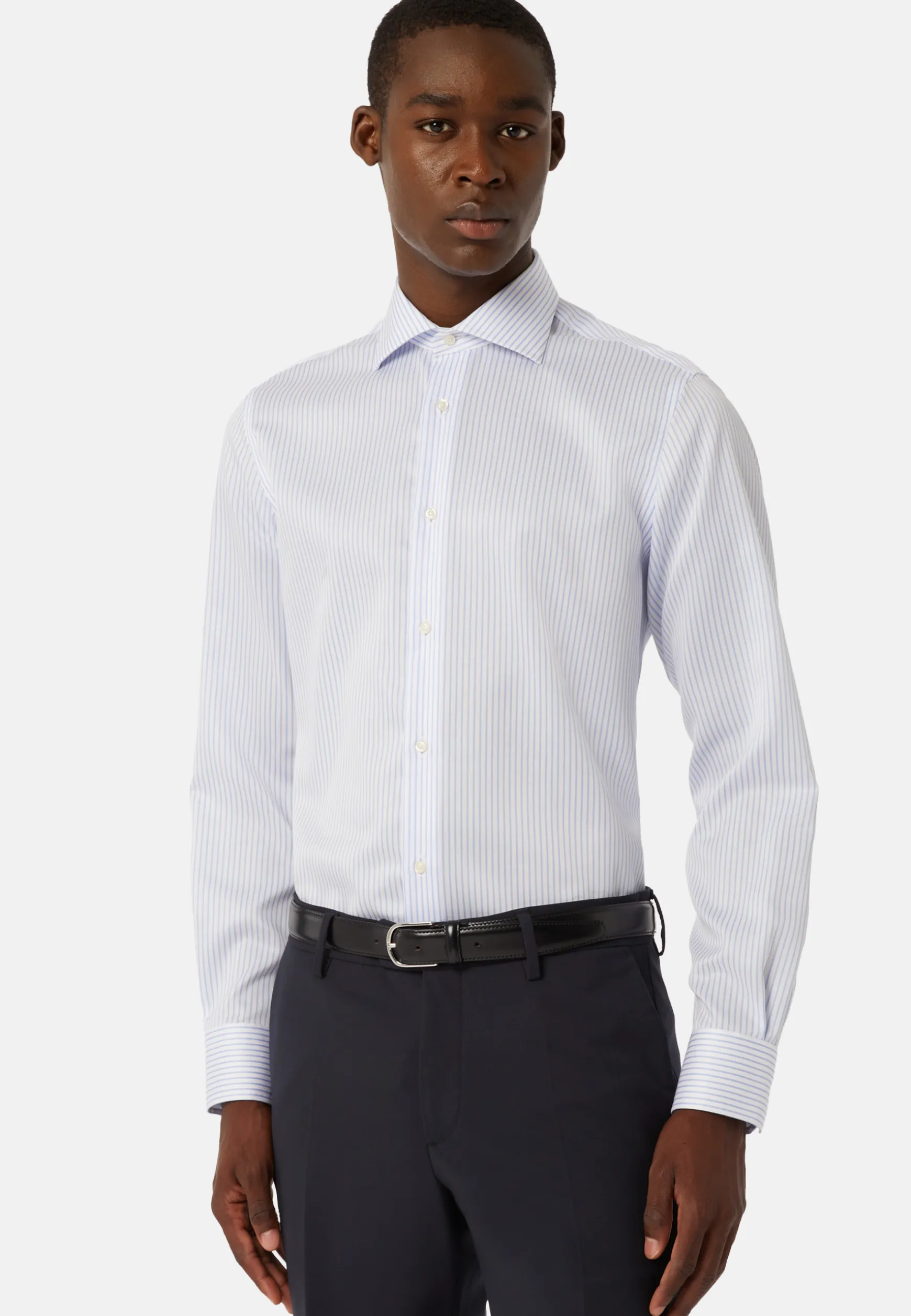 Sky Blue Striped Cotton Twill Shirt Slim Fit|Boggi Milano Outlet