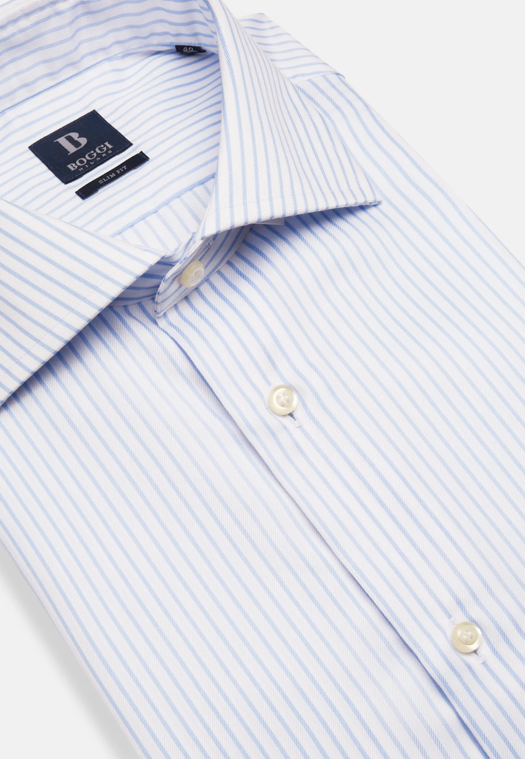 Sky Blue Striped Cotton Twill Shirt Slim Fit|Boggi Milano Outlet