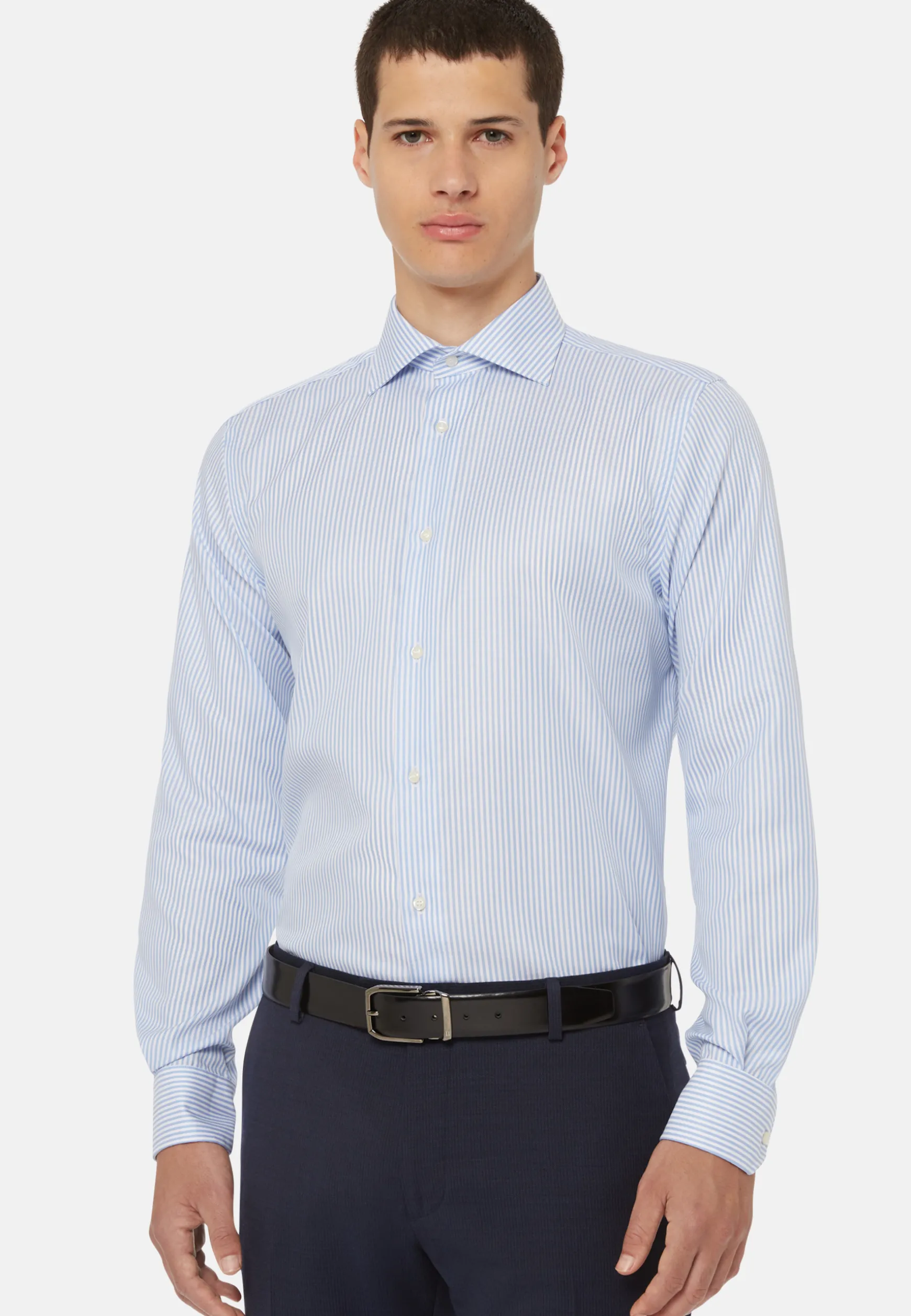 Sky Blue Striped Cotton Twill Shirt Regular Fit|Boggi Milano Discount