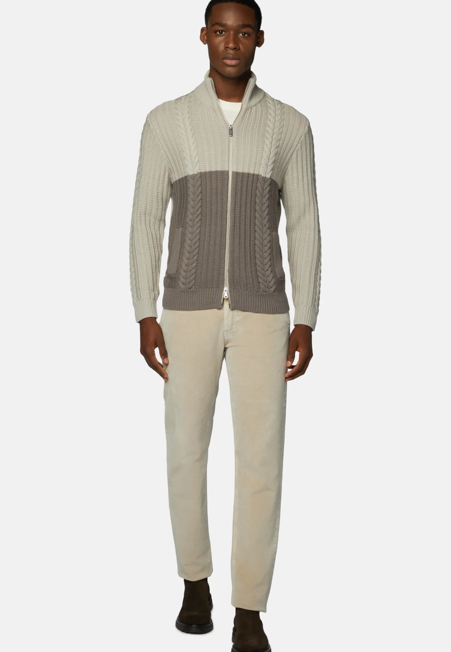 Two-Tone And Dove Grey Full–Zip Jumper in Merino Wool|Boggi Milano Hot
